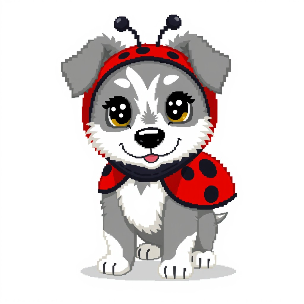 A pixel art representation of an adorable grey collie puppy dressed in a vibrant ladybug costume, featuring classic black spots