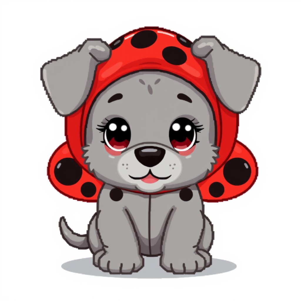 A pixel art style illustration of an adorable cute grey puppy wearing a bright red ladybug costume, complete with black spots