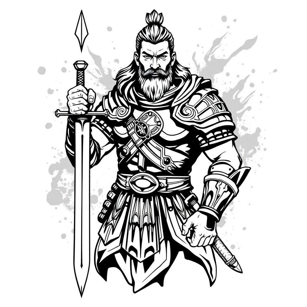 A black and white illustration of Ario Barzan, a legendary Persian warrior, holding a sword confidently in his hand