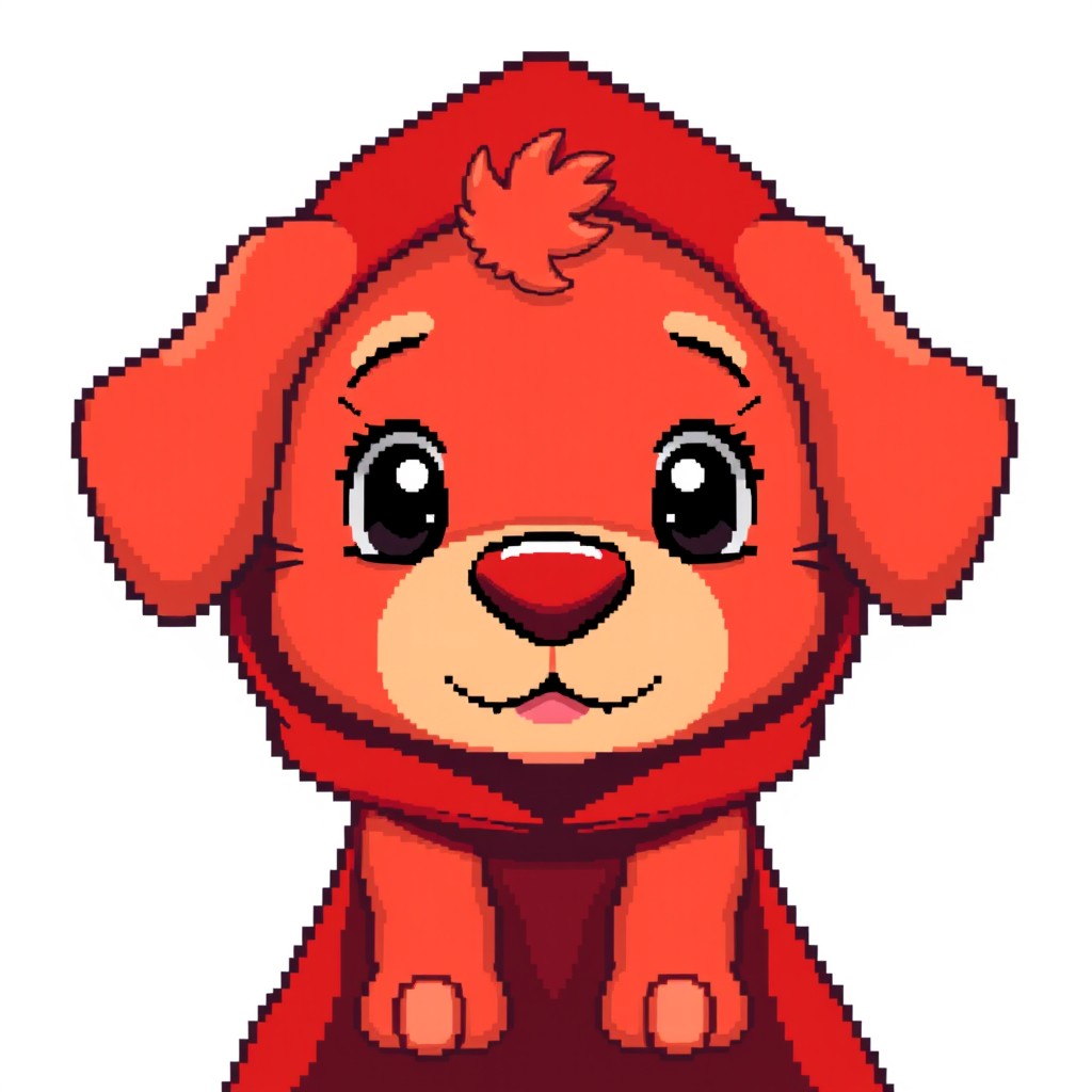 A pixel art style cute red puppy with a big red nose, wearing a red cloak with a hood, set against a clean white background