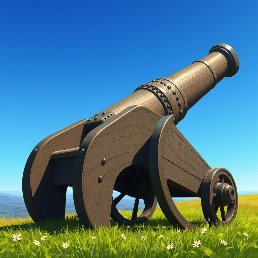 A side view of a large cannon with its barrel pointed upwards, depicted in a 2D style