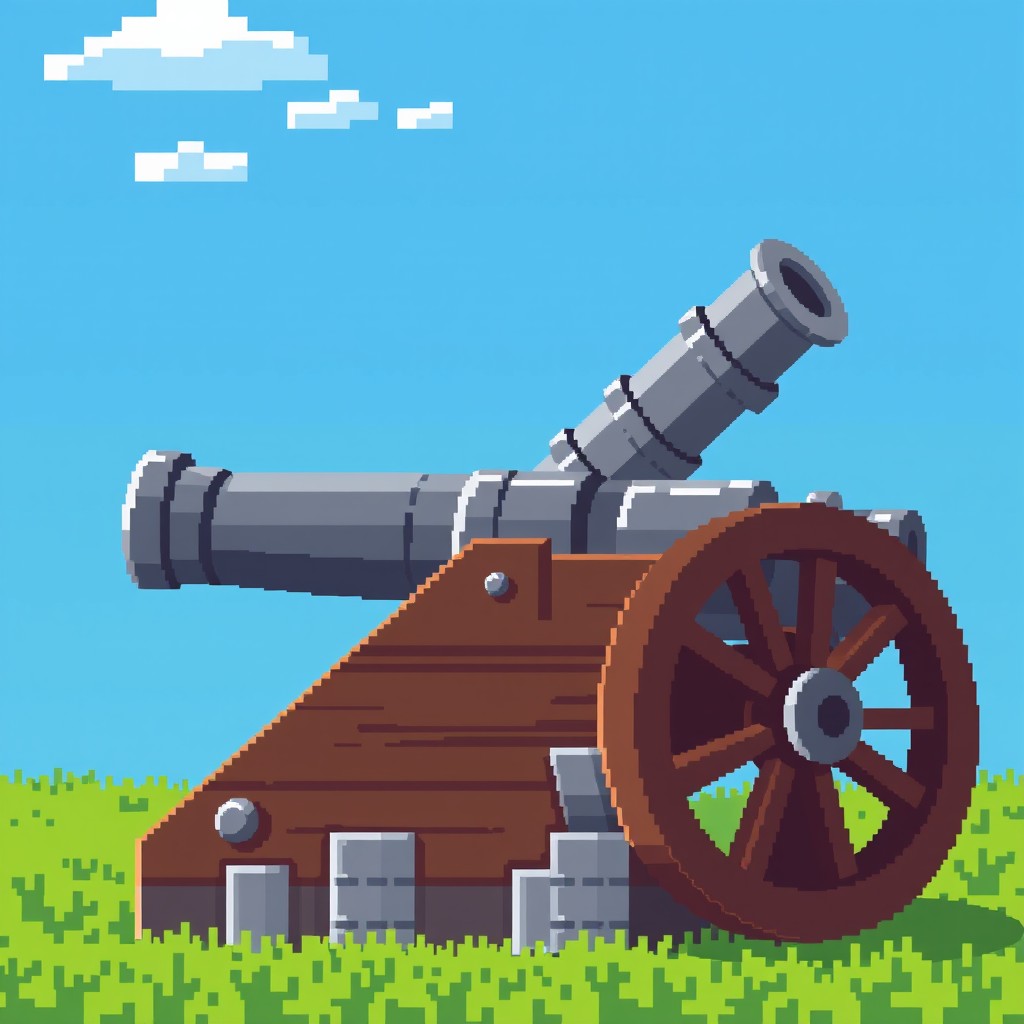 A side view of a large cannon with its barrel pointed upwards, designed in a pixel art style at a resolution of 256x256 pixels