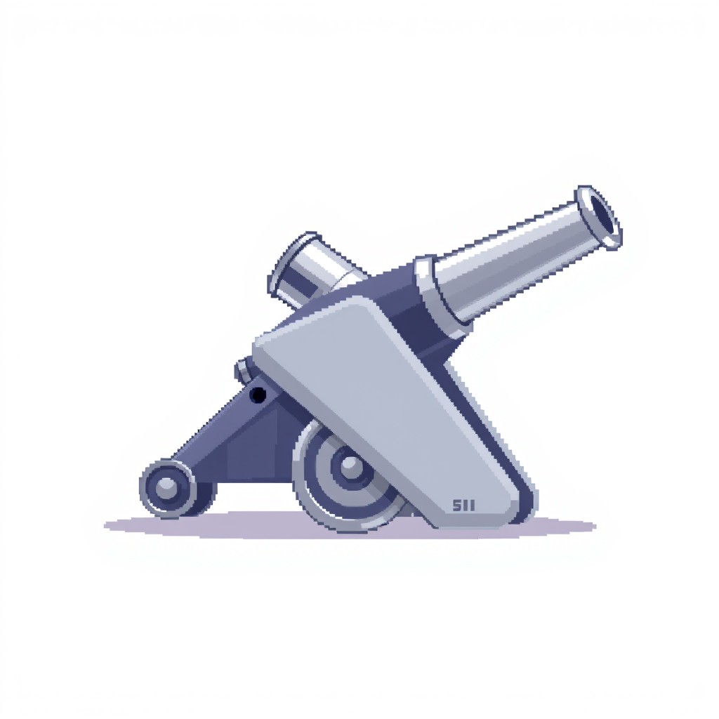 A side view of a modern cannon with its barrel pointed upwards, designed in a pixel art style at a resolution of 256x256 pixels