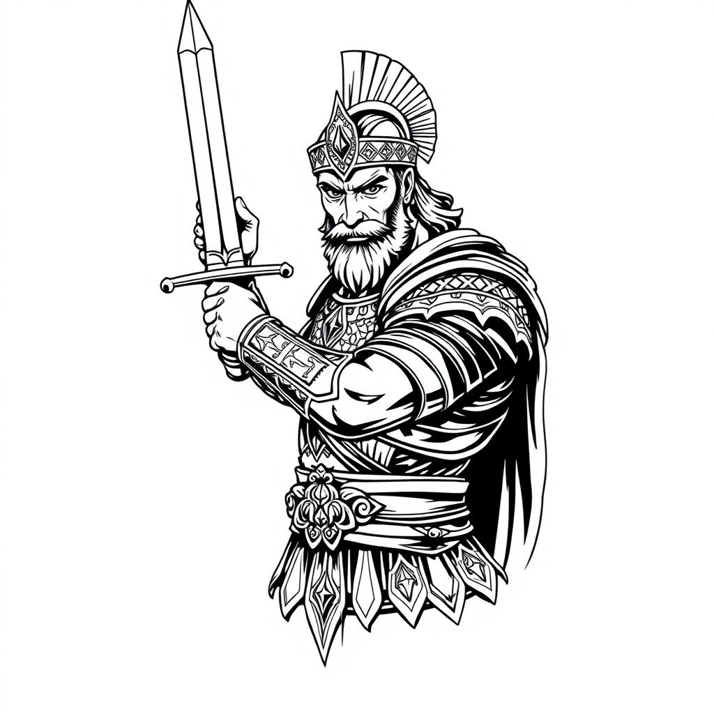 A black and white illustration of Ario Barzan, the valiant Persian warrior, gripping a sword with a fierce and proud expression