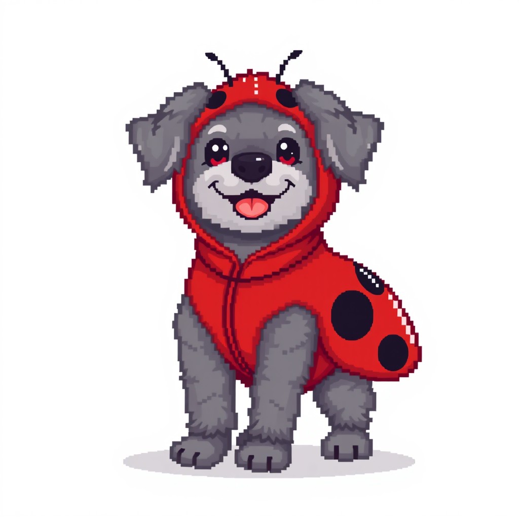 A pixel art style grey dog dressed in a vibrant ladybug costume, standing against a clean white background