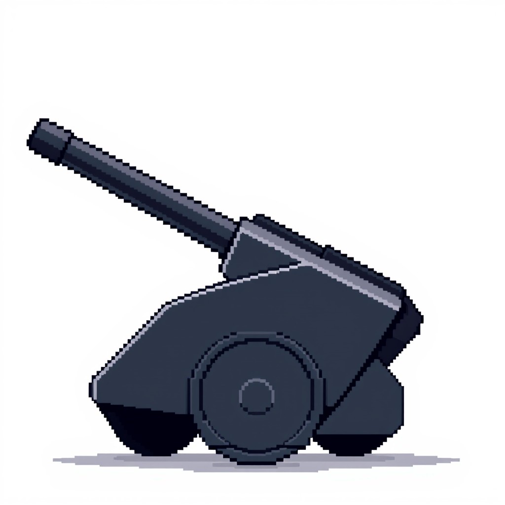 A side view of a modern artillery cannon with its barrel pointed upwards, designed in a pixel art style at a resolution of 256x256 pixels
