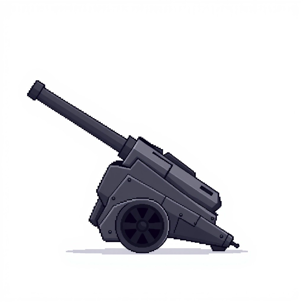 A side view of a modern artillery cannon with its barrel pointed upwards, designed in a pixel art style at a resolution of 256x256 pixels