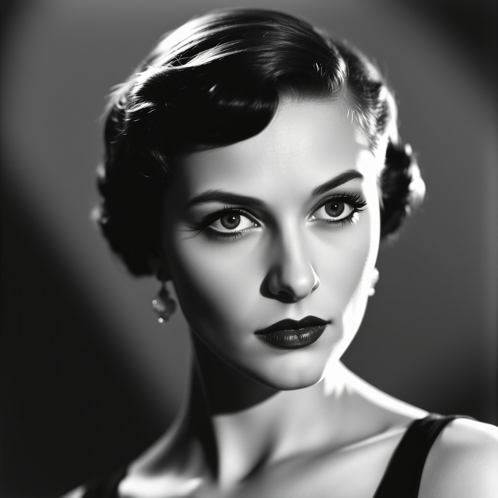 A 1920s Hollywood glamour portrait in black and white, featuring a subject captured in a 3/4 angle at a 45-degree tilt from a direct frontal view