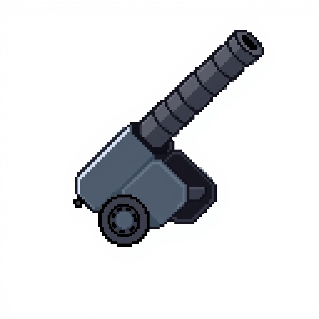 A side view of a modern artillery cannon with its barrel pointed upwards, rendered in a pixel art style at a resolution of 256x256 pixels