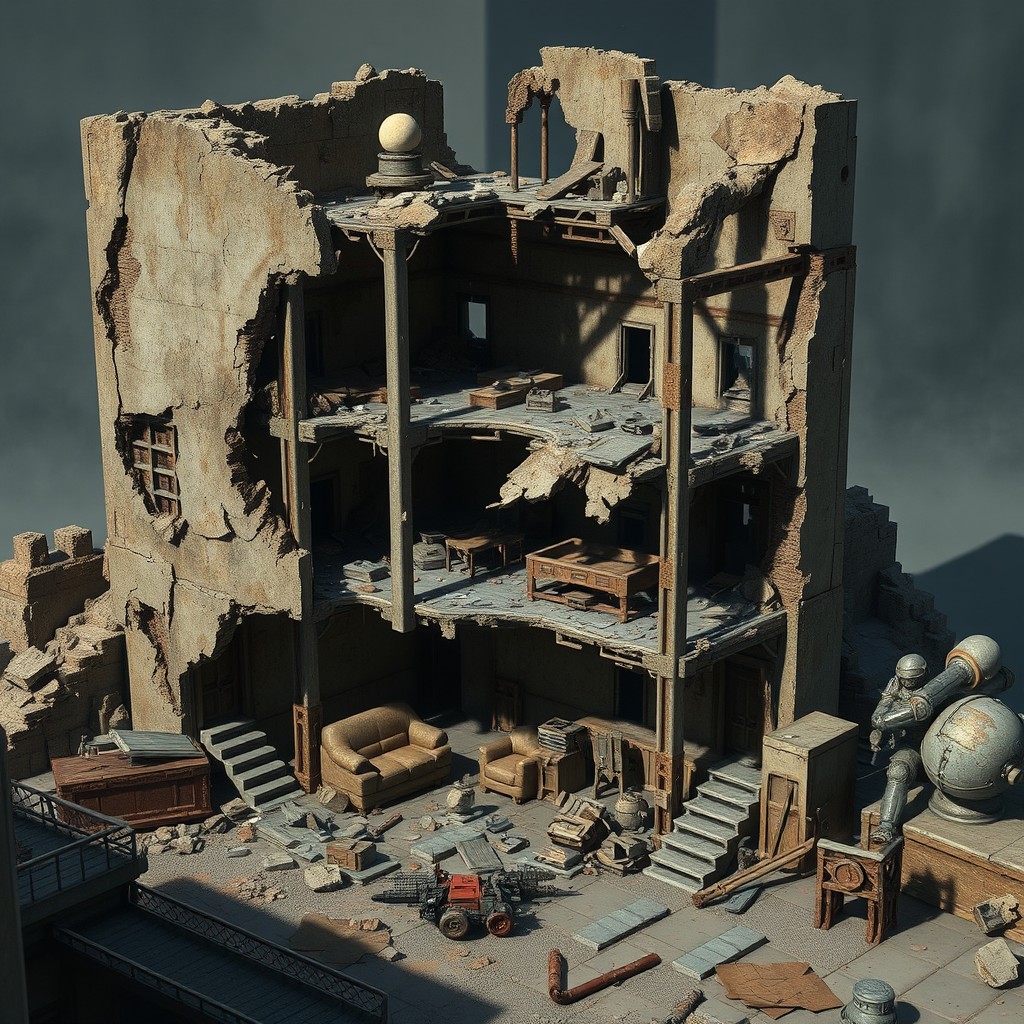 Detailed depiction of a three-storey building in ruins, designed for Warhammer 40,000 sci-fi gaming terrain