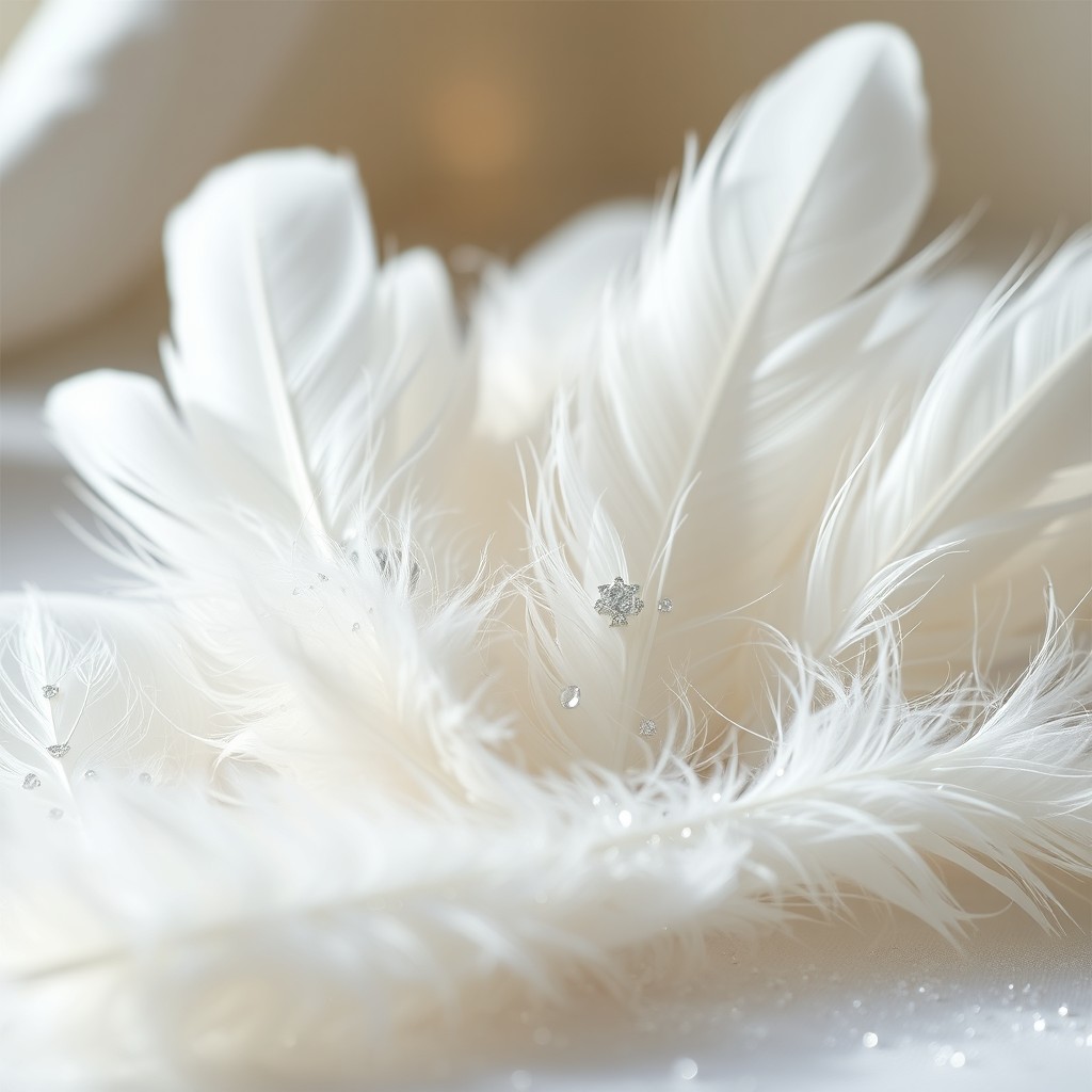 A beautiful arrangement of pure white feathers delicately dusted with crushed diamonds, shimmering and sparkling in the light