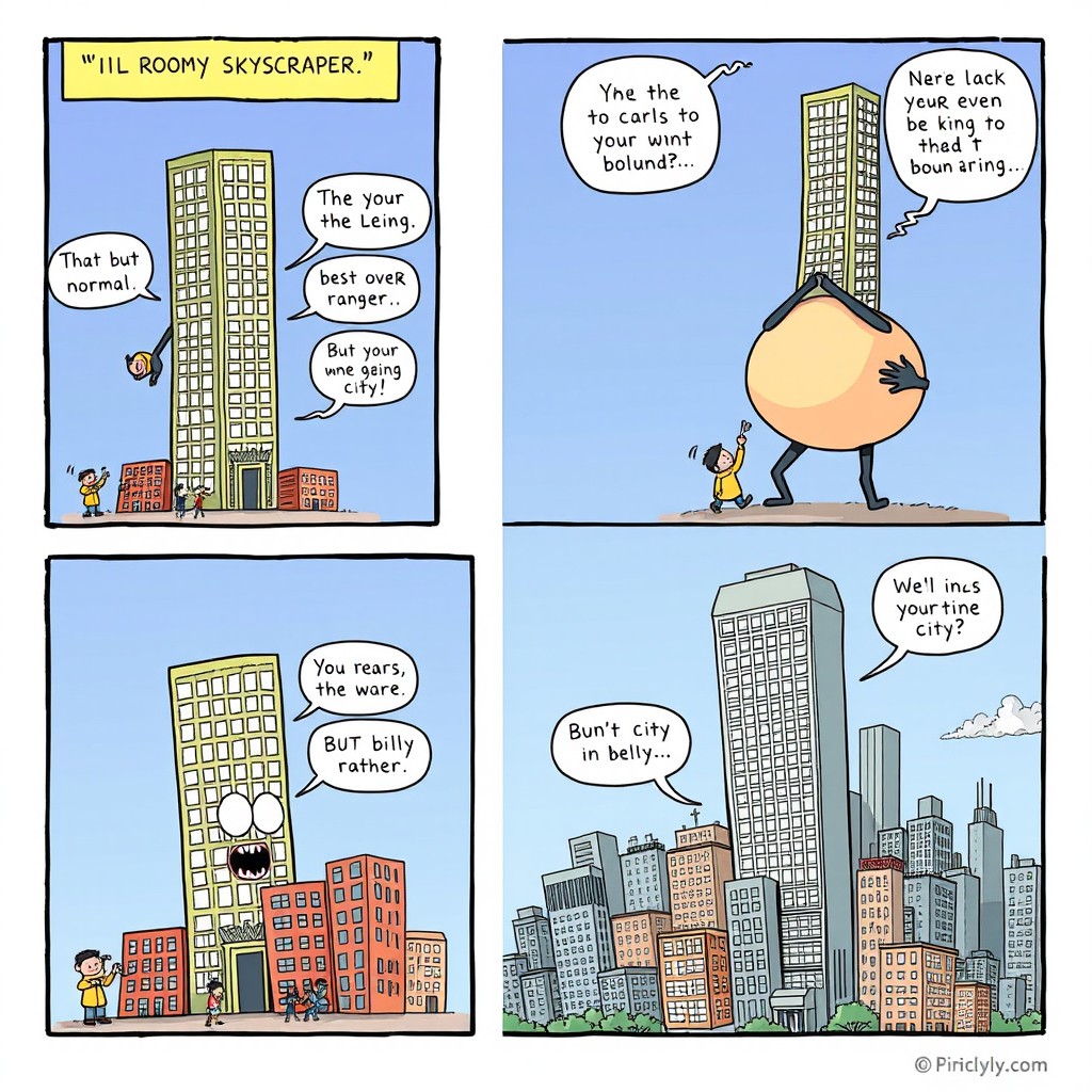 A humorous comic featuring a whimsical skyscraper character with an oversized butt and belly