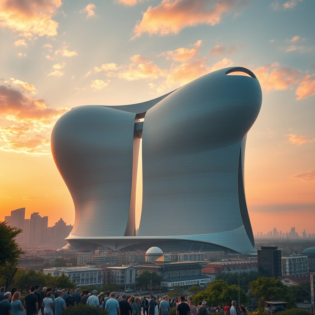 A colossal building that towers over an entire city, its enormous structure appears to bulge and expand, dominating the skyline