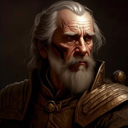 Modify the line art image of the grizzled fantasy general to mimic the effect of a classic oil portrait, characterized by textured brushwork, while retaining the digital painting medium