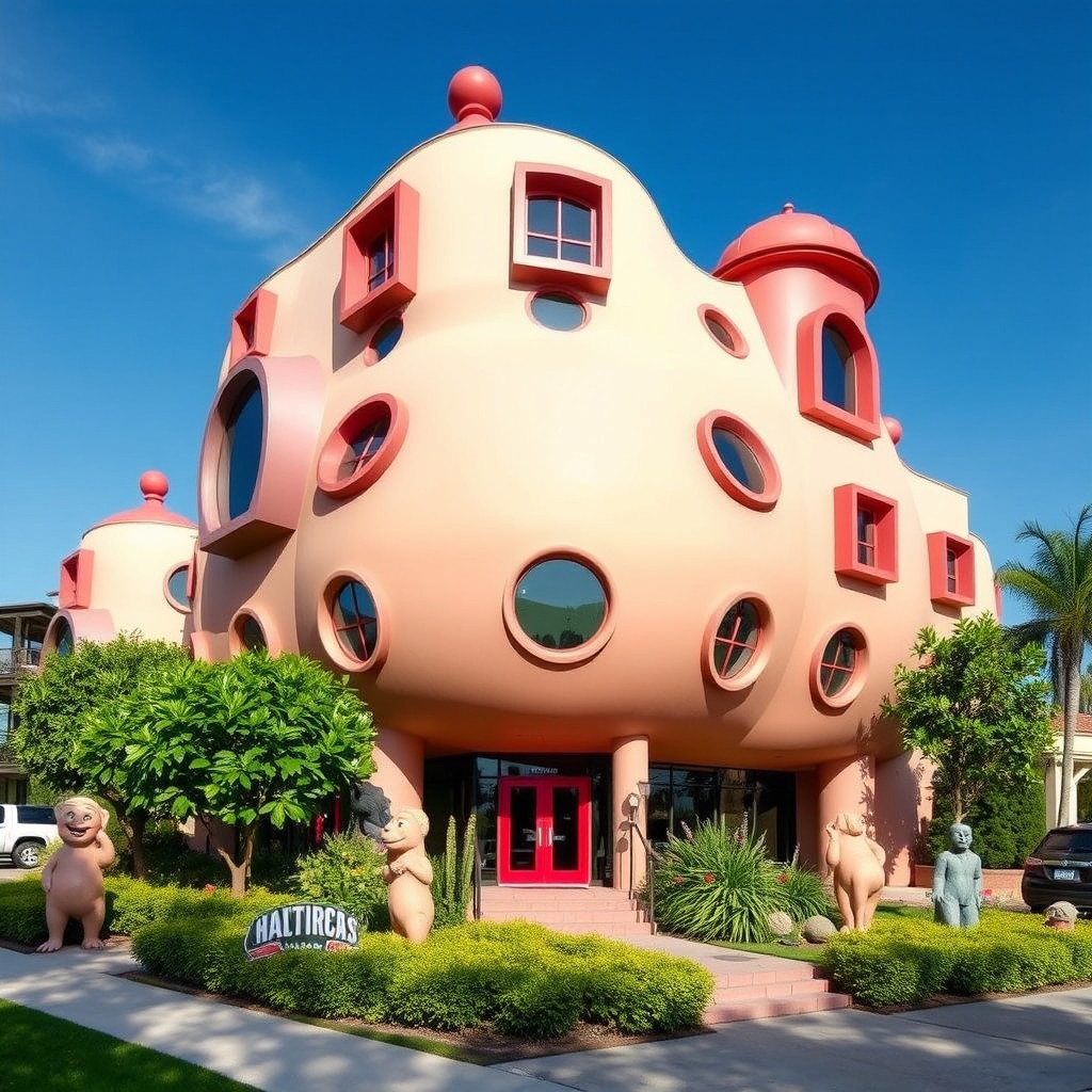 A whimsical and imaginative building designed to resemble a giant anthropomorphic character with a huge butt and belly, creatively blending architecture and humorous caricature