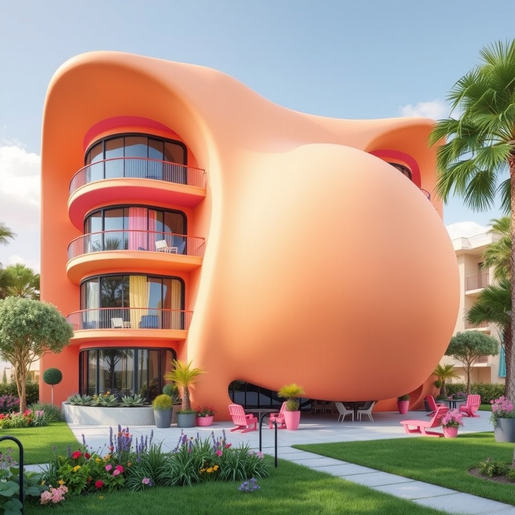A creative architectural design of a building with a massive, protruding belly, featuring smooth curves and vibrant colors that bring the structure to life