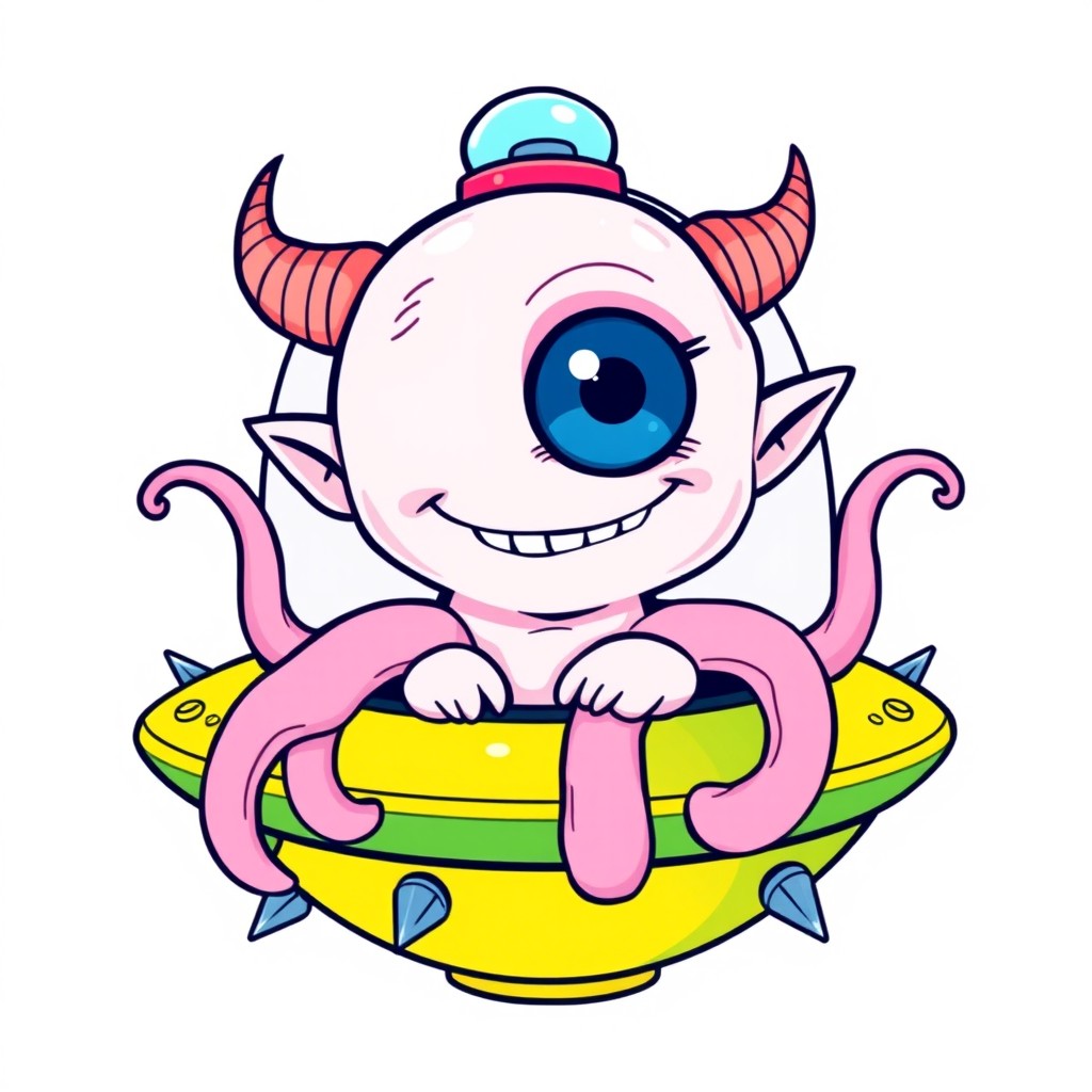 A cute, line art illustration of a cartoon-style light fluorescent pink cyclops alien with a large single eye, intricately detailed features, wide smile showing small sharp teeth, and pointed ears