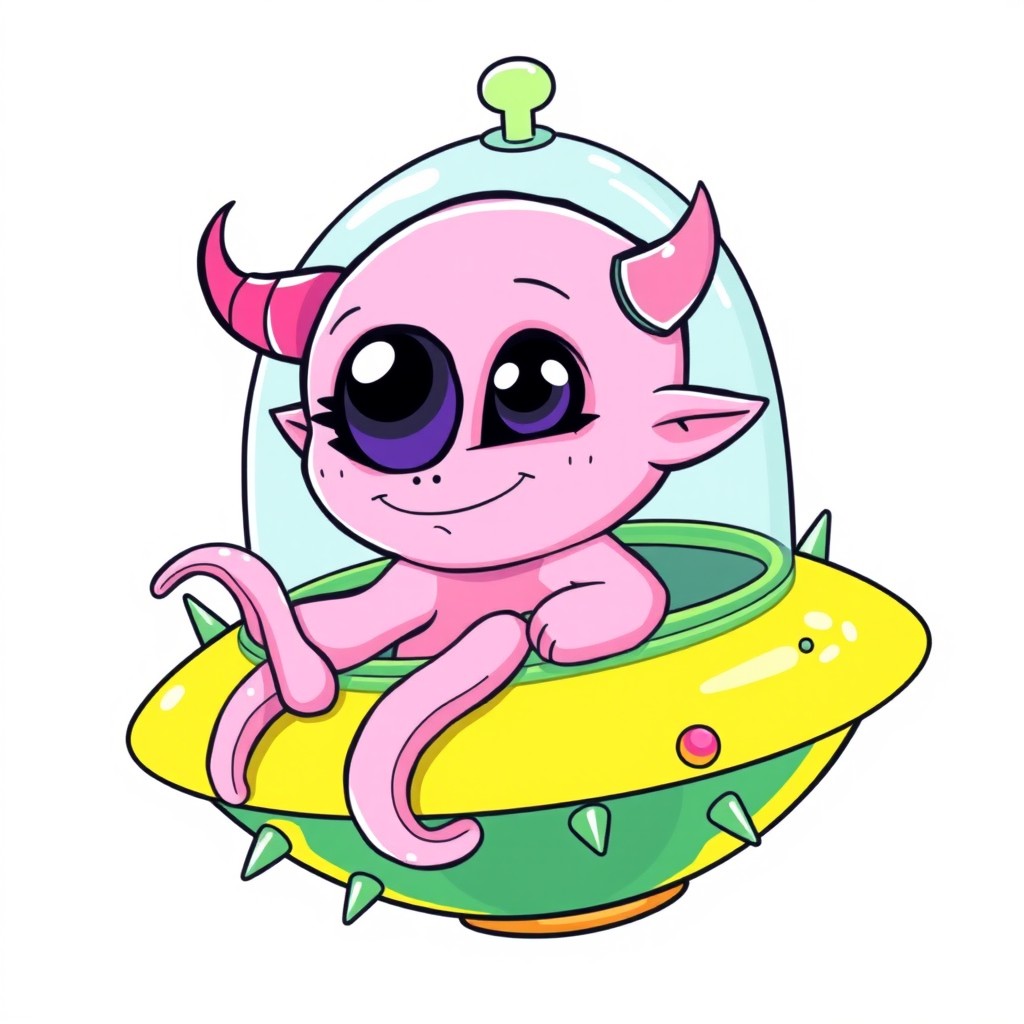 A cute, line art illustration of a cartoon-style light fluorescent pink cyclops alien with a large single eye, featuring intricately detailed elements such as a wide smile showing small sharp teeth, and pointed ears