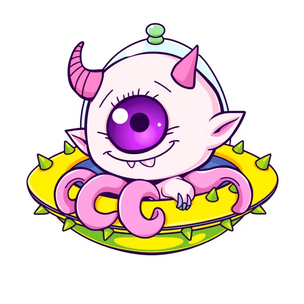 A cute, line art illustration of a cartoon-style light fluorescent pink cyclops alien with a large single eye, characterized by intricately detailed features, a wide smile showcasing small sharp teeth, and pointed ears