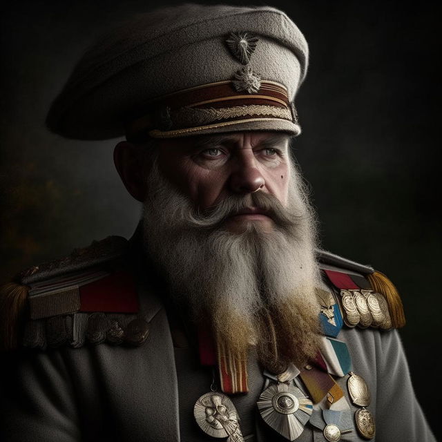 Digitally painted portrait of a grizzled fantasy General with a grey-flecked beard, adorned in golden epaulettes and valor medals. Apply a classic oil painting style with textured brushwork.