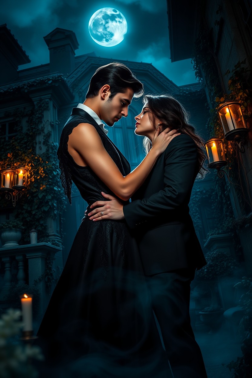 A captivating scene of dark romance, featuring a mysterious couple entwined in an intimate embrace under a moonlit sky