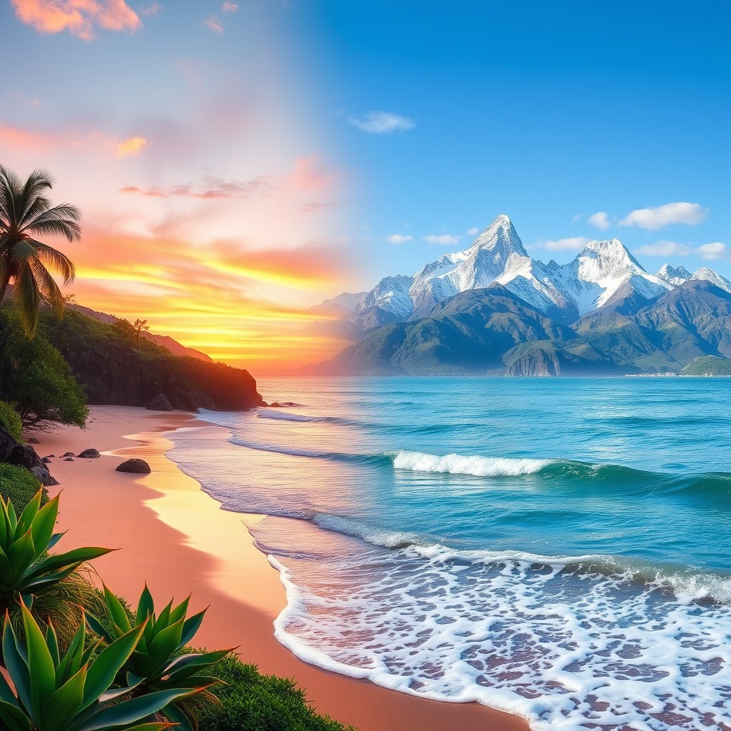 A beautifully composed digital artwork that seamlessly combines two distinct landscapes: on one side, a serene beach at sunset with soft waves crashing onto the shore and vibrant orange and pink hues reflecting off the water; on the other side, a majestic mountain range with snow-capped peaks under a clear blue sky