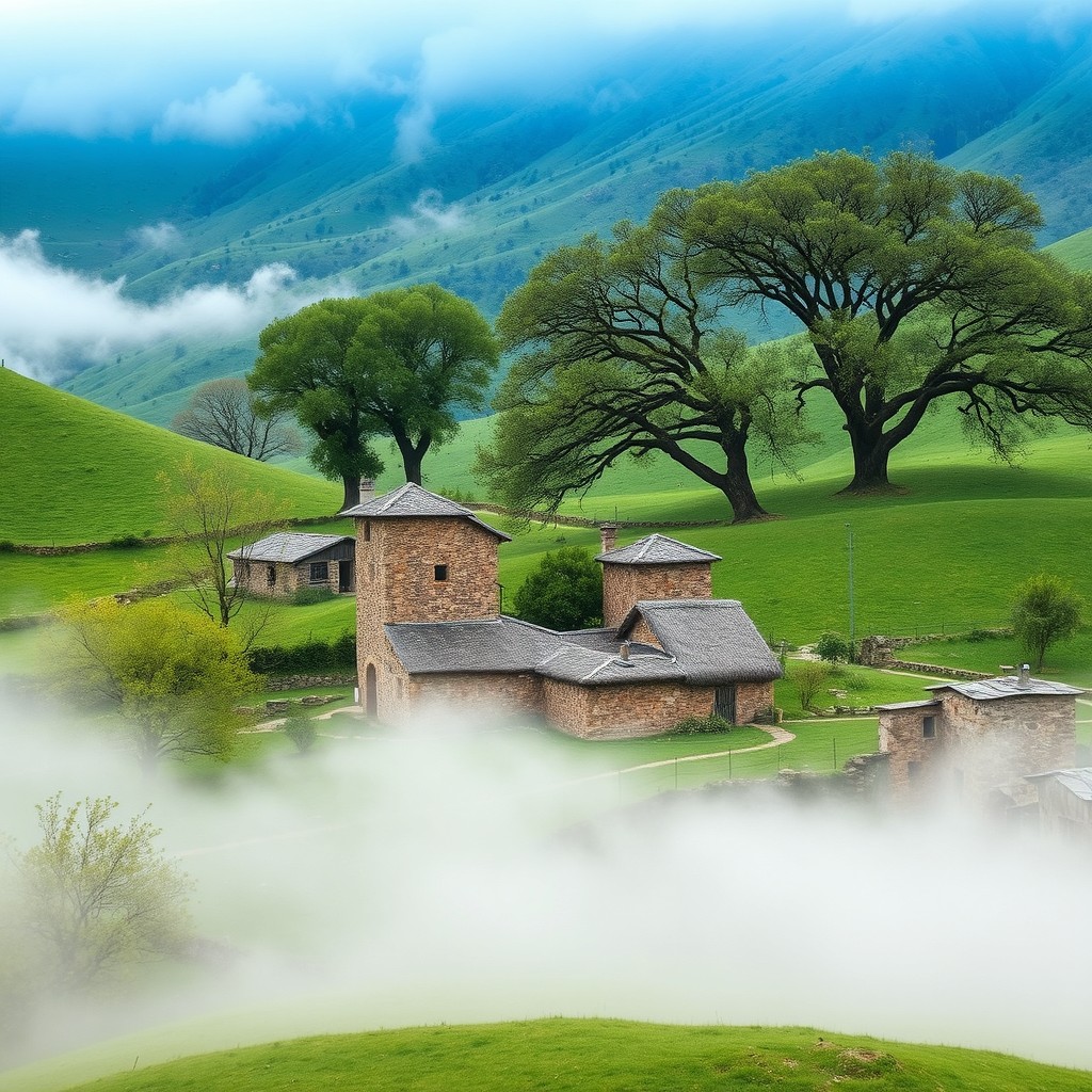 A peaceful village nestled in the lush green mountains of Kurdistan, on a misty spring morning