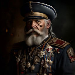 Digitally painted portrait of a grizzled fantasy General with a grey-flecked beard, adorned in golden epaulettes and valor medals. Apply a classic oil painting style with textured brushwork.