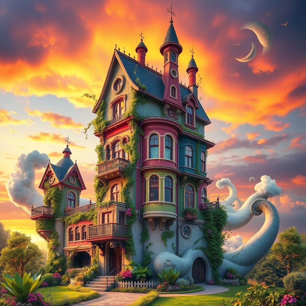 A whimsical scene featuring a fantastical building that appears to be growing larger, with vibrant colors and exaggerated proportions