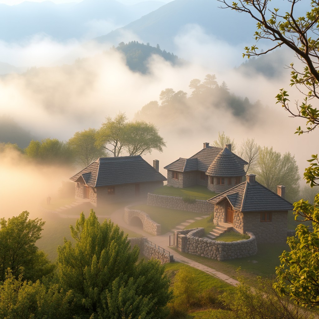 A serene village nestled in the lush green mountains of Kurdistan on a foggy spring morning