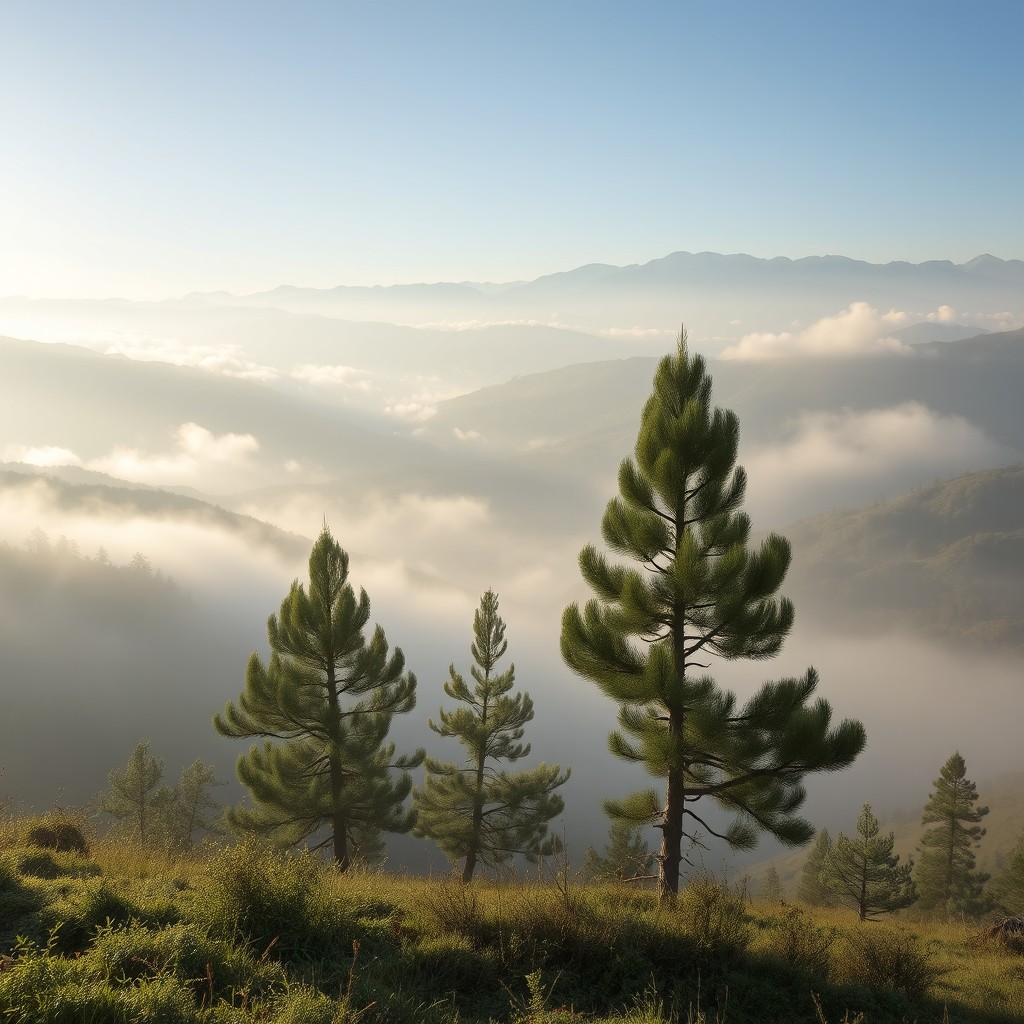 A tranquil and misty morning in the mountains of Kurdistan, featuring dew-covered pine trees, fog rolling through the valleys, and the soft sound of birds chirping