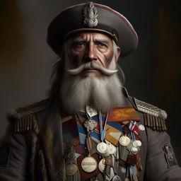 Digitally painted portrait of a grizzled fantasy General with a grey-flecked beard, adorned in golden epaulettes and valor medals. Apply a classic oil painting style with textured brushwork.