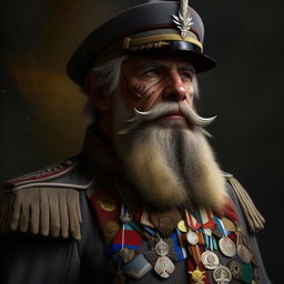 Digitally painted portrait of a grizzled fantasy General with a grey-flecked beard, adorned in golden epaulettes and valor medals. Apply a classic oil painting style with textured brushwork.