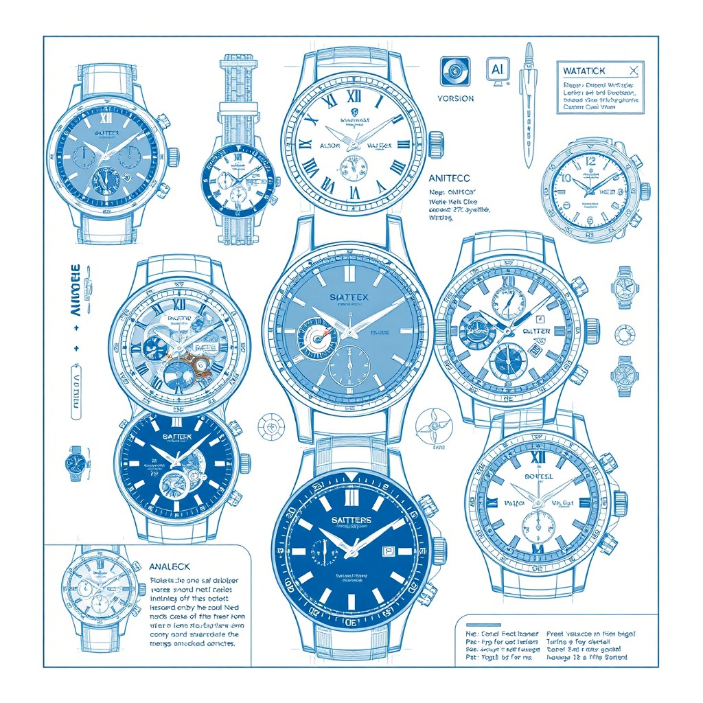A highly detailed blueprint design featuring various styles of watches, showcasing intricate mechanical movements, components, and elegant casing