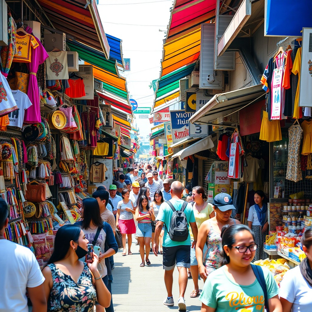 A vibrant street scene filled with various products for sale, showcasing a variety of colorful merchandise like souvenirs, local crafts, clothing, and food stalls