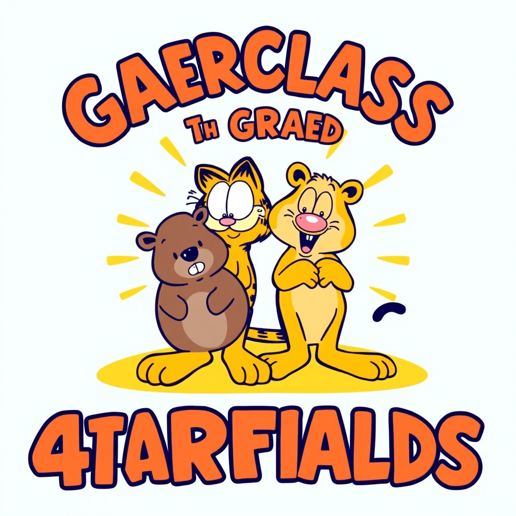 A vibrant interclass t-shirt for 4th graders featuring a playful illustration of Garfield, the iconic cartoon cat, along with a cute capybara