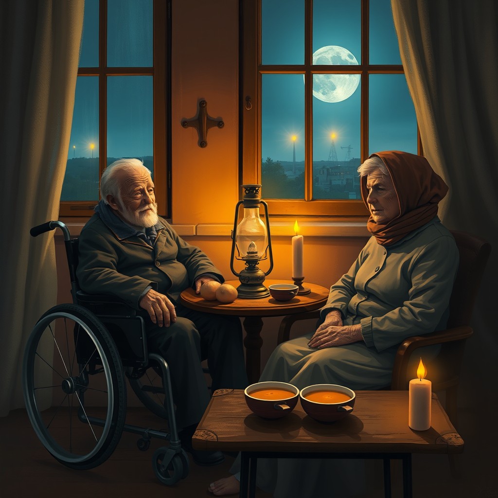 A warm, intimate scene depicting an old man sitting in a wheelchair next to an old woman who is sitting gracefully in a chair, wearing a scarf on her head