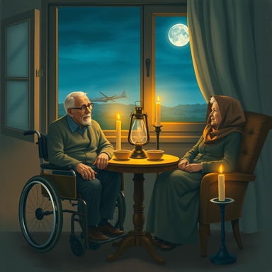 A warm, intimate scene depicting an old man sitting in a wheelchair next to an old woman who is sitting gracefully in a chair, wearing a scarf on her head