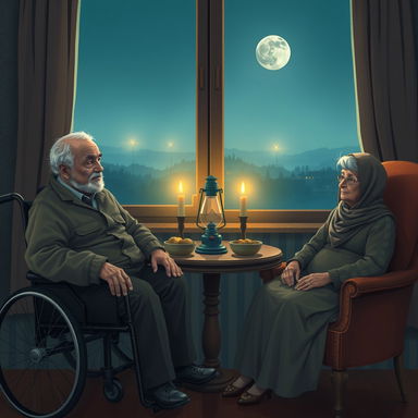 A warm, intimate scene depicting an old man sitting in a wheelchair next to an old woman who is sitting gracefully in a chair, wearing a scarf on her head