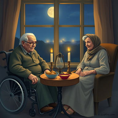 A warm, intimate scene depicting an old man sitting in a wheelchair next to an old woman who is sitting gracefully in a chair, wearing a scarf on her head