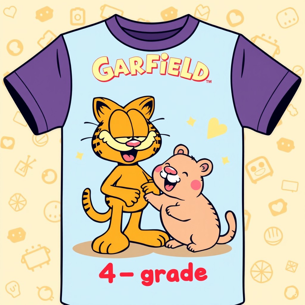 A vibrant children's t-shirt design featuring a playful illustration of Garfield, the famous lasagna-loving cat, and a cute baby capybara interacting joyfully