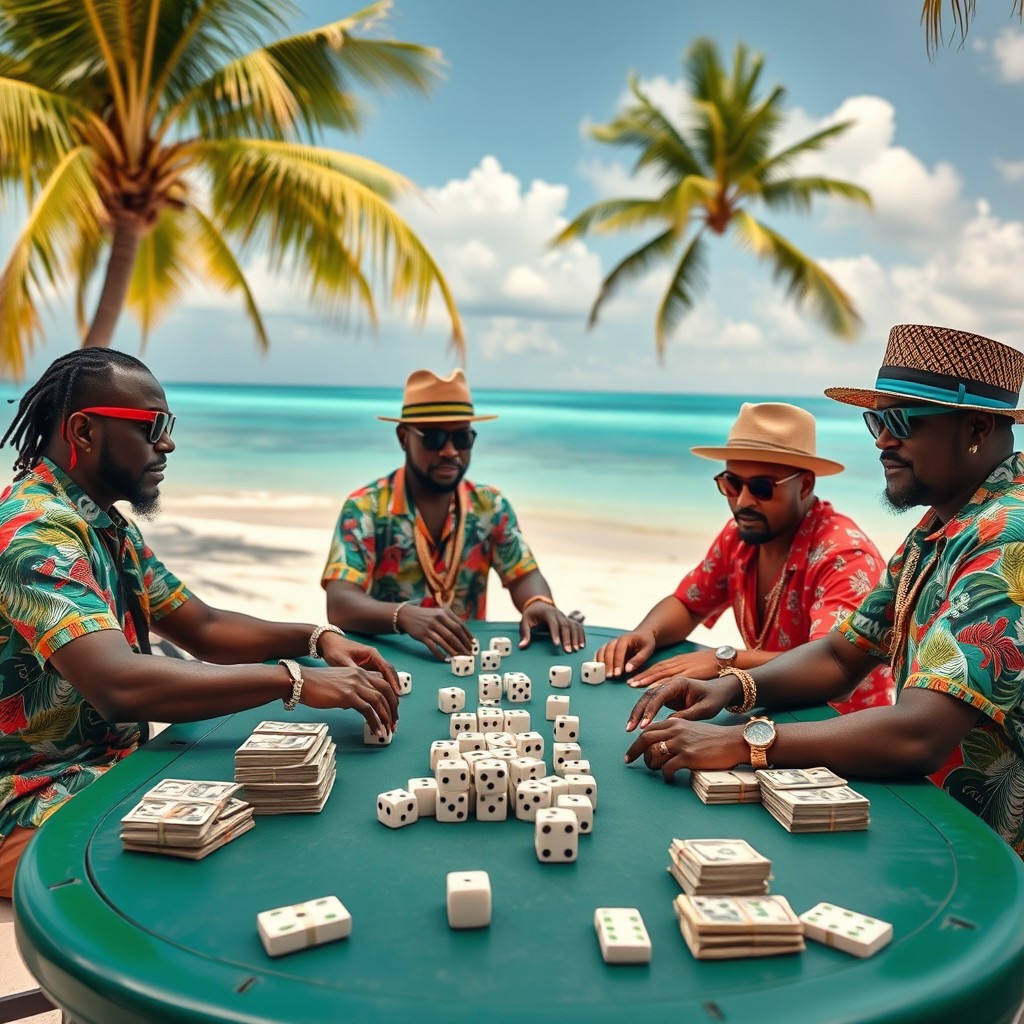 Three Creole gangsters playing dice on a green table set on a beautiful Caribbean beach