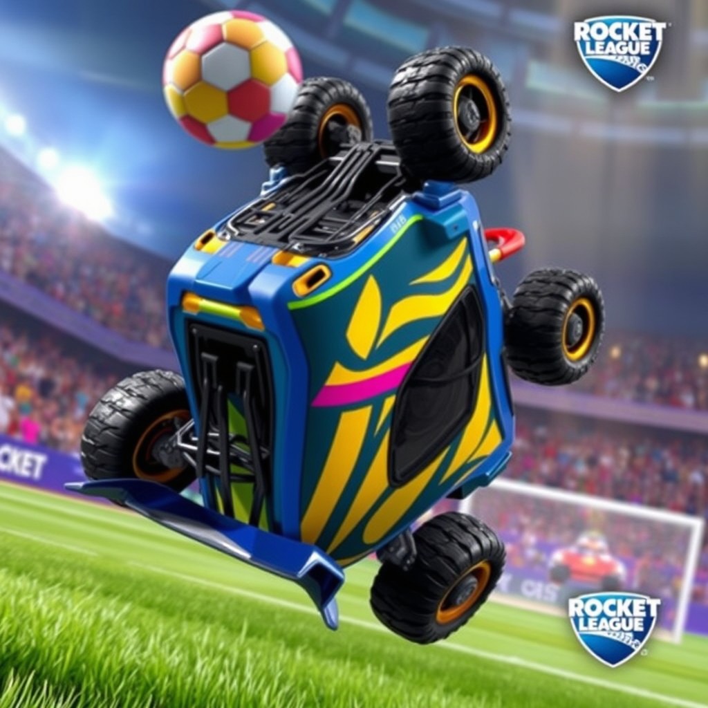 An exciting scene from the game Rocket League featuring a dynamic soccer arena, with a car flying upside down with its four wheels facing up