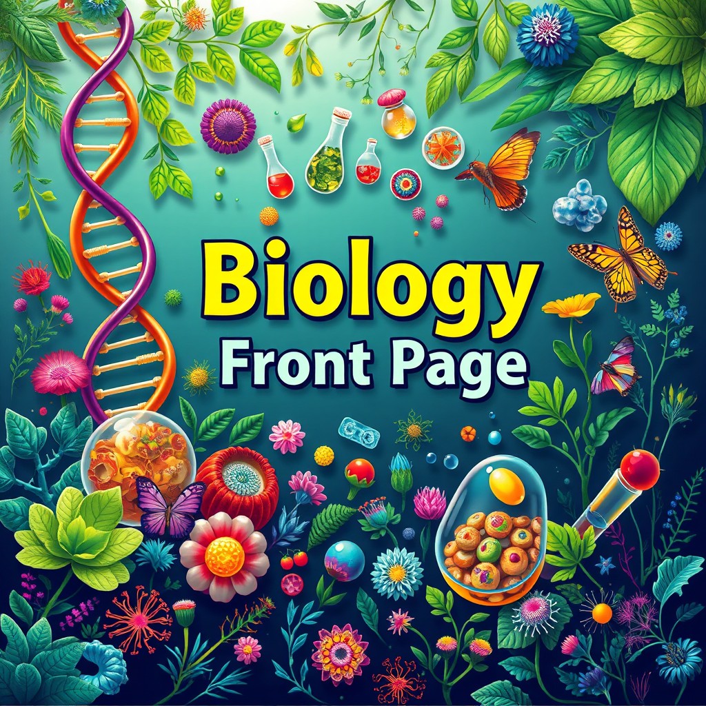 A captivating biology front page layout featuring a vibrant and detailed illustration of various biological concepts