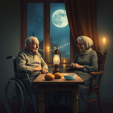 A warm and nostalgic scene featuring an old man in a wheelchair beside an old woman, who is gracefully seated in a chair wearing a scarf on her head