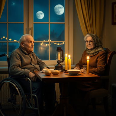 A warm and nostalgic scene featuring an old man in a wheelchair beside an old woman, who is gracefully seated in a chair wearing a scarf on her head