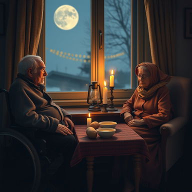A warm and nostalgic scene featuring an old man in a wheelchair beside an old woman, who is gracefully seated in a chair wearing a scarf on her head