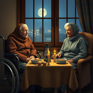 A warm and nostalgic scene featuring an old man in a wheelchair beside an old woman, who is gracefully seated in a chair wearing a scarf on her head