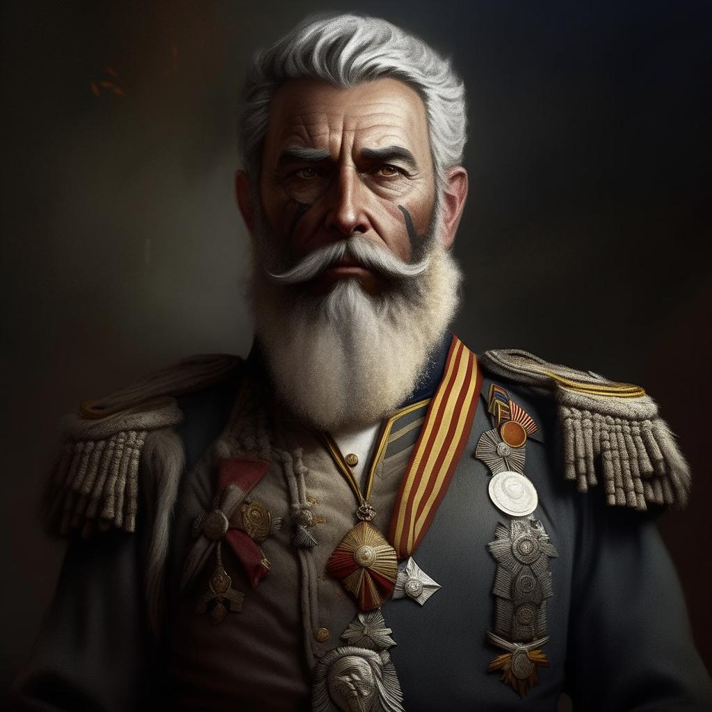 Digitally painted portrait of a grizzled fantasy General with a grey-flecked beard, wearing golden epaulettes and valor medals, reminiscent of classic oil portraits but with fewer, more textured brush strokes.