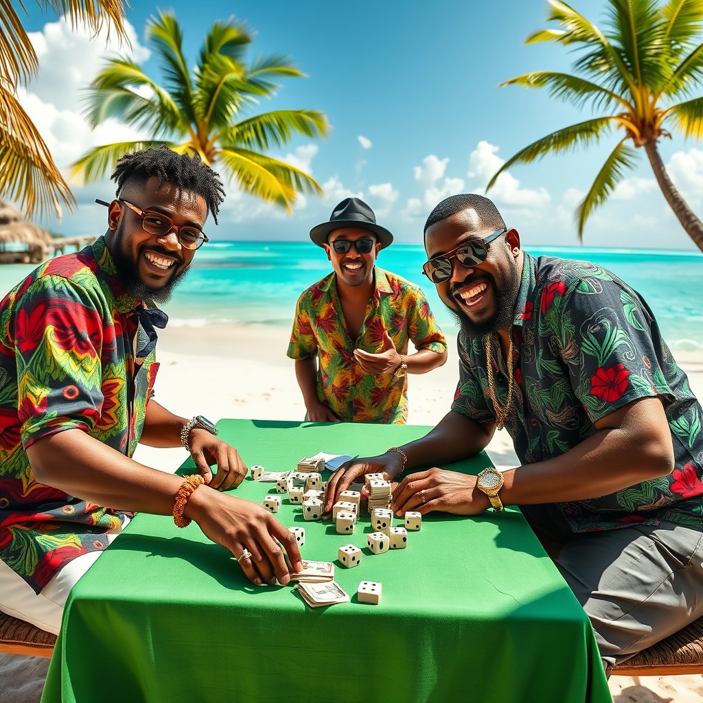 Three Creole gangsters playing dice with a stack of cash on a green tablecloth set on a sunlit Caribbean beach